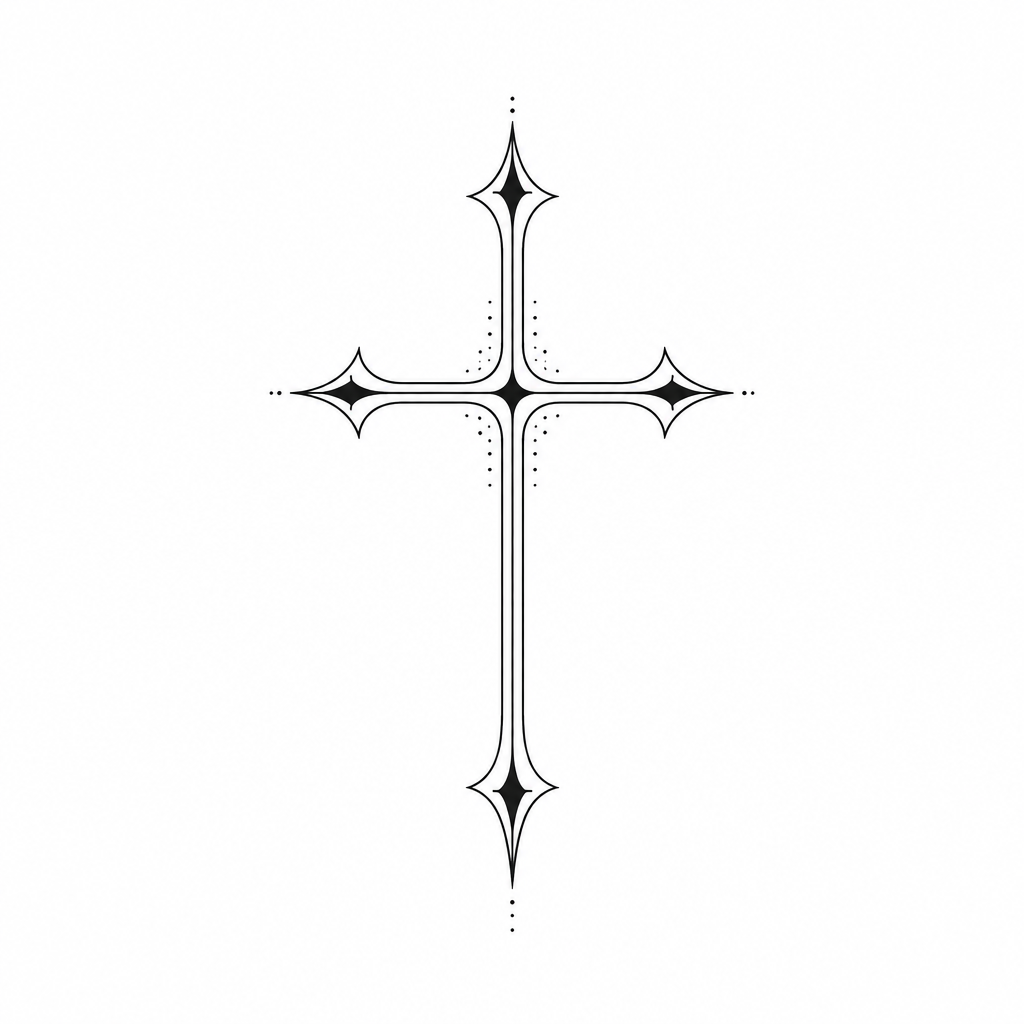 A minimalist gothic cross with sharp, cathedral-inspired points and clean black lines.