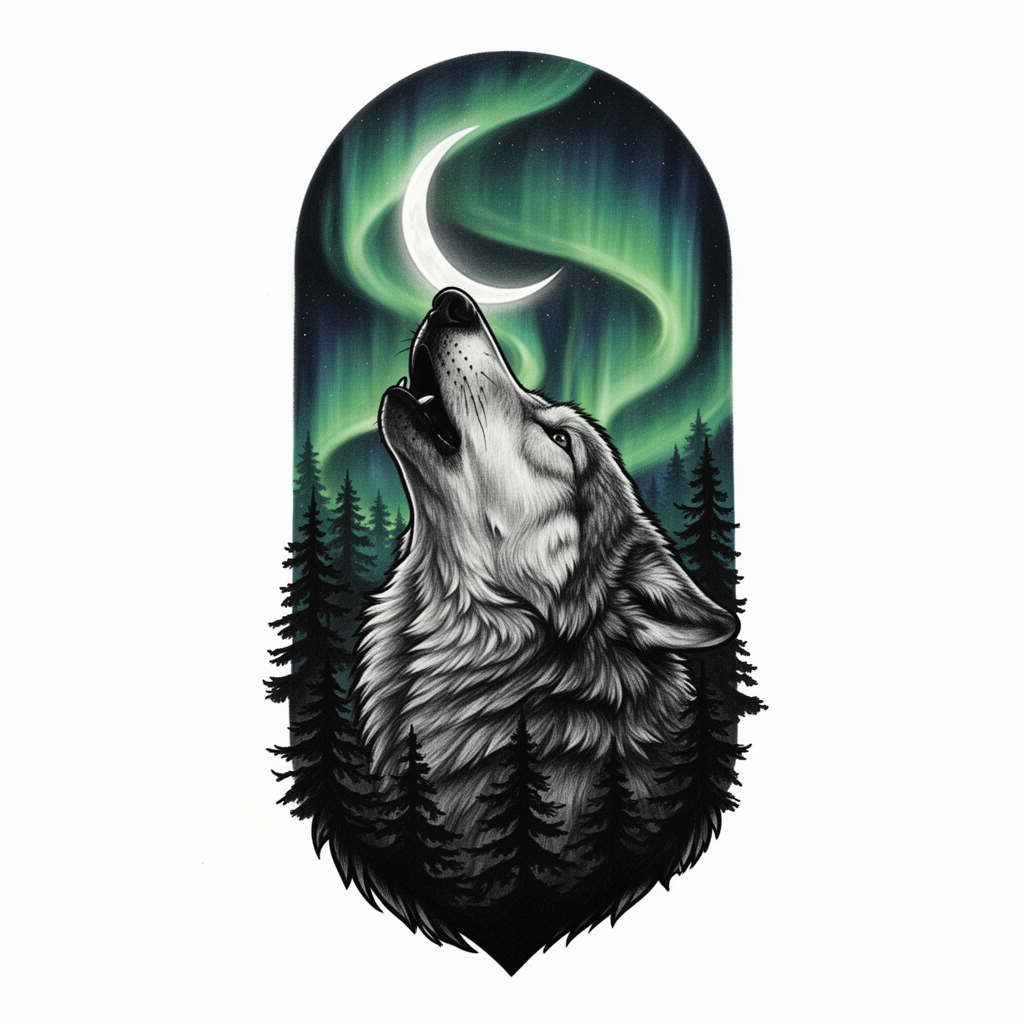 A realism tattoo of a wolf howling at a crescent moon, framed by pine trees and swirling northern lights in a night sky.
