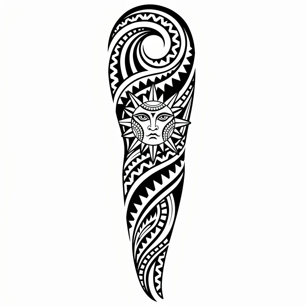 A Polynesian tribal full-sleeve design featuring flowing ocean waves, repeating shark-tooth motifs, and sun symbols rendered in bold black geometric patterns.