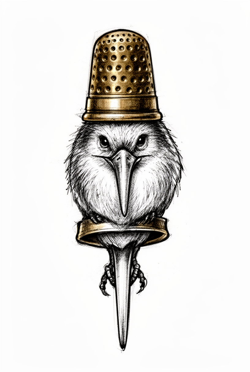 An illustrative kiwi bird talisman reimagined from an antique brass thimble, with a rounded feathered body, tiny legs, and a long tapered beak.