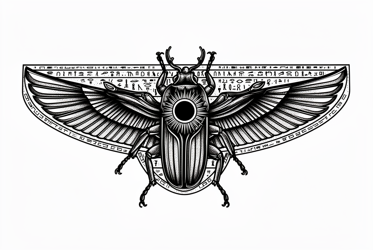 A blackwork Egyptian scarab beetle with outstretched wings holding a sun disc, framed by a hieroglyphic border.