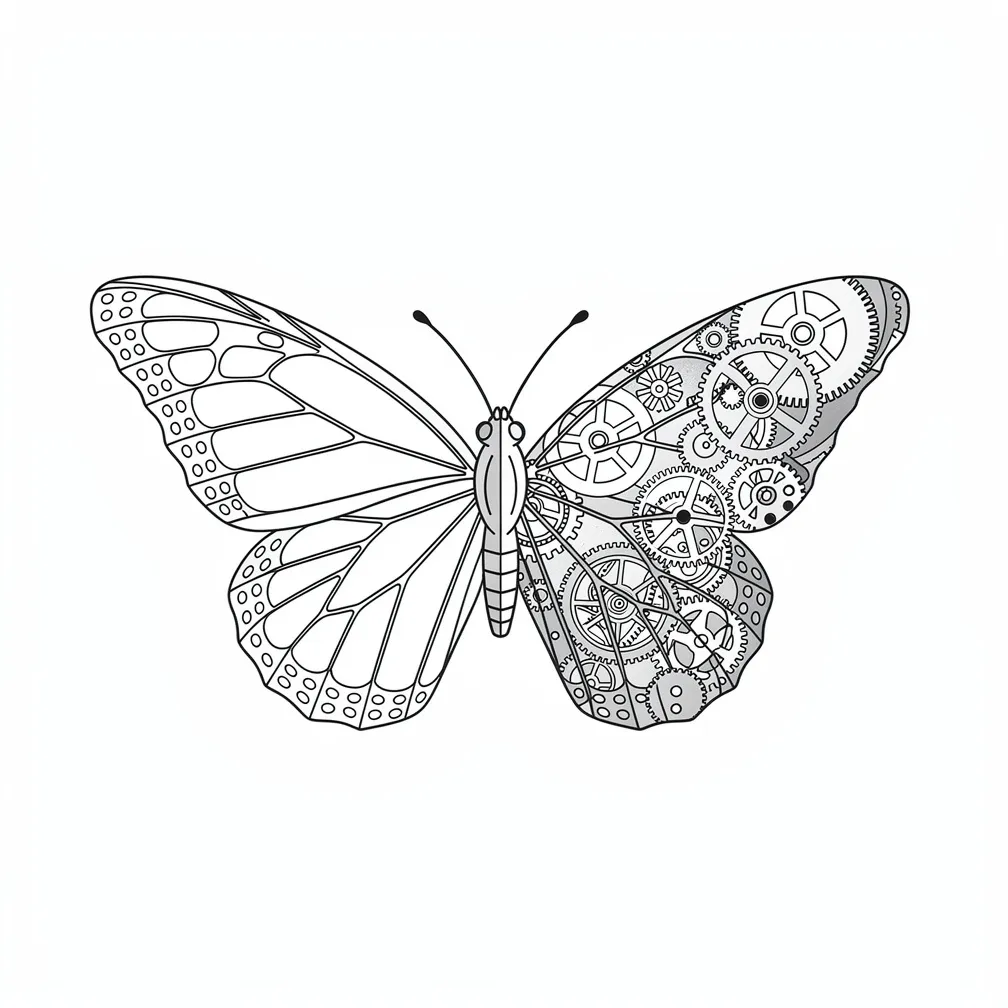 Uma borboleta-monarca em traço fino com uma asa se transformando em engrenagens e partes mecânicas de relógio intrincadas.