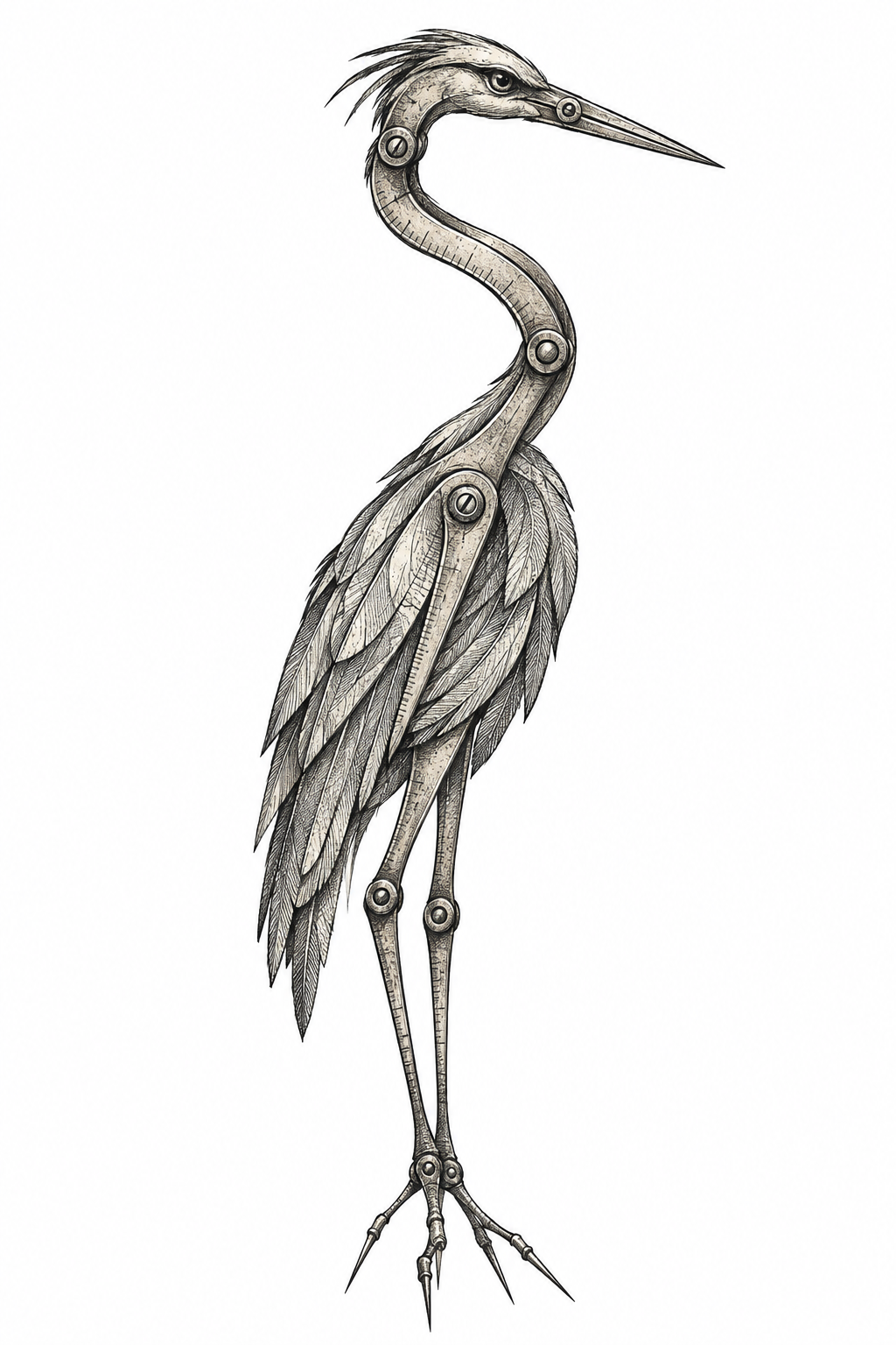 An illustrative tattoo of an antique brass drafting divider transformed into a symmetrical heron talisman with engraved measurements and subtle patina.
