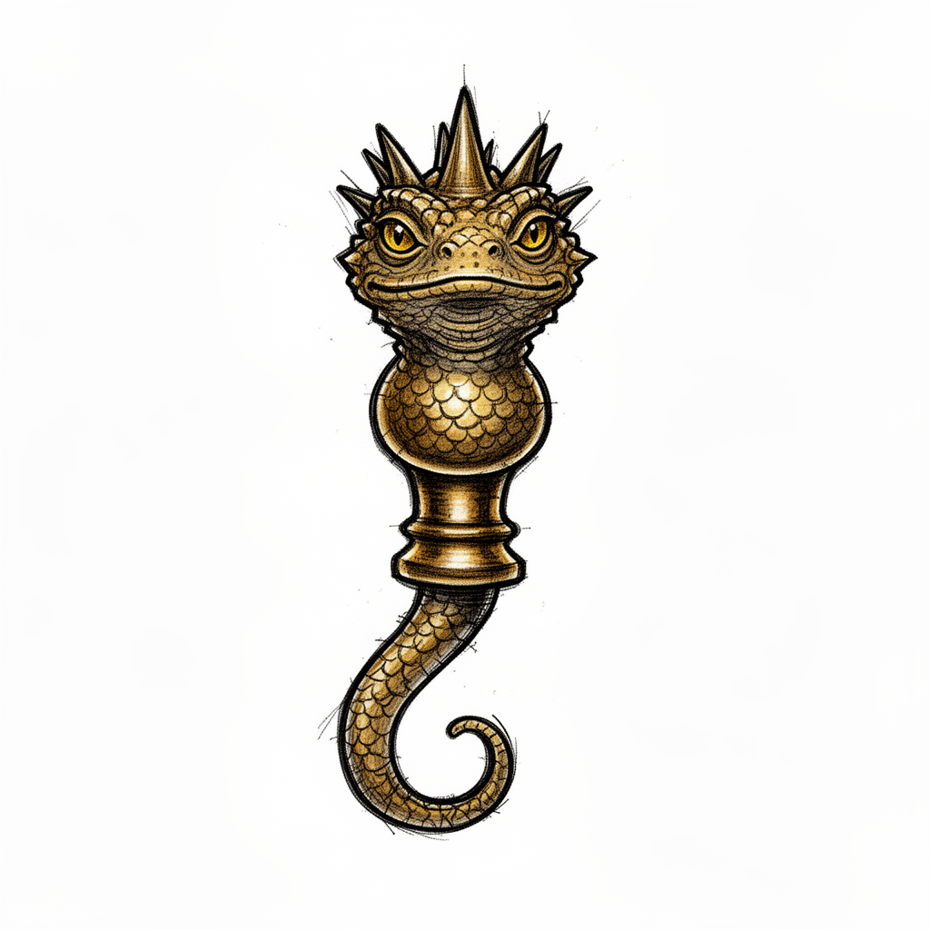 An illustrative horned lizard talisman reimagined from an antique brass violin tuning peg on a plain background.