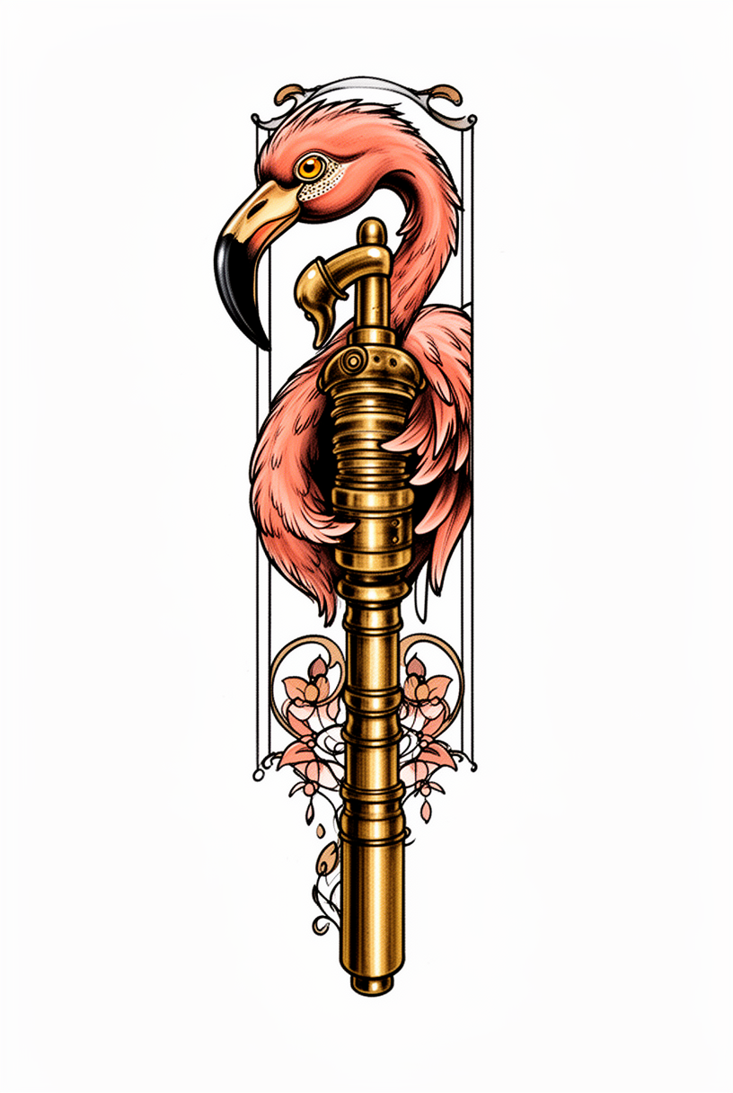 A neo-traditional flamingo talisman reimagined from a brass cigarette roller, with a curved neck, narrow beak, and poised serene expression.
