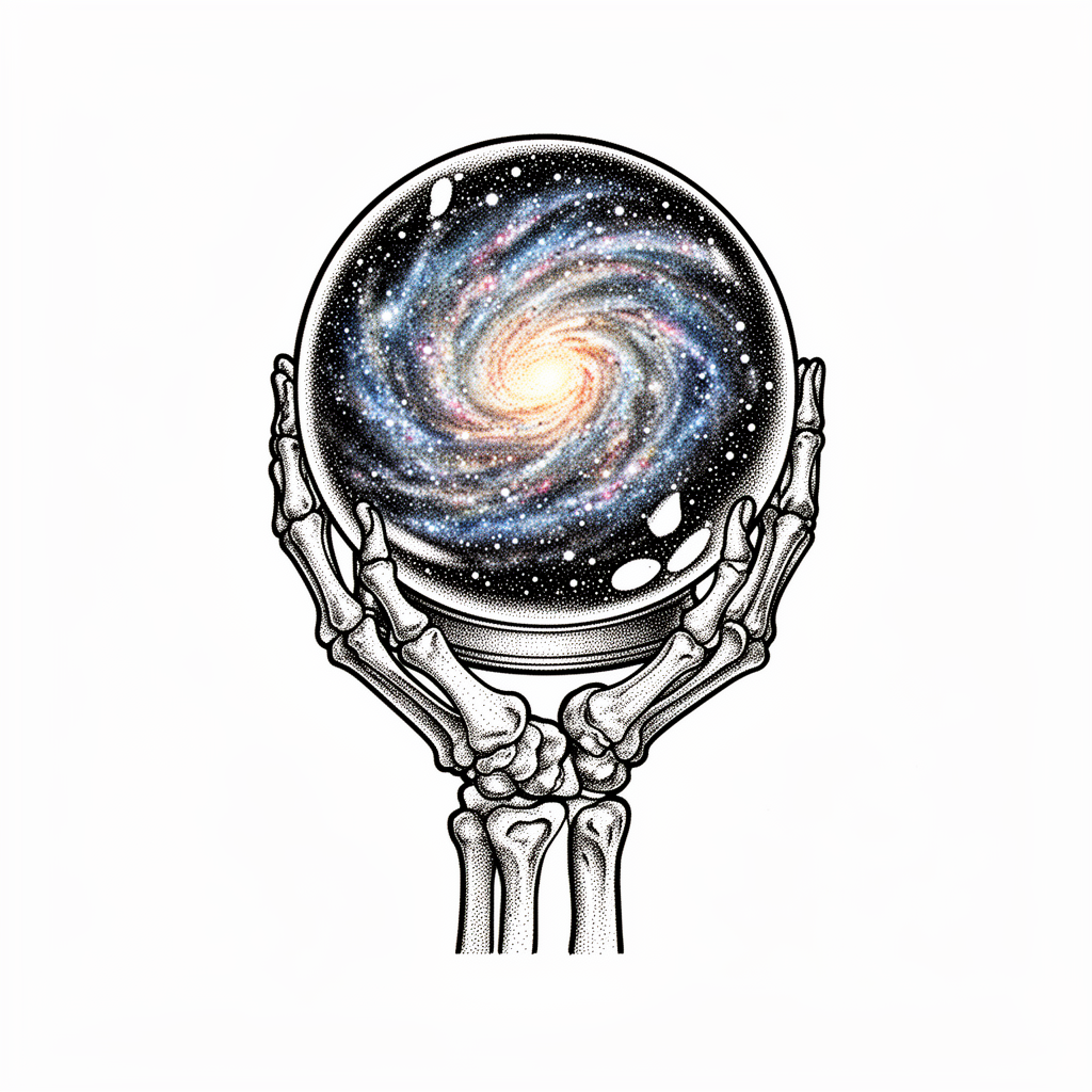A dotwork crystal ball held in skeletal hands, with a swirling miniature galaxy of nebulae and stars inside.