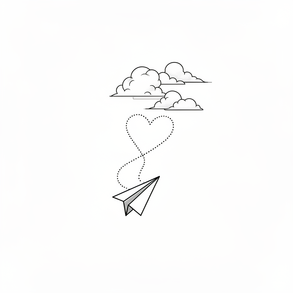 A minimalist paper airplane follows a dotted path that loops into a heart and drifts into soft clouds.
