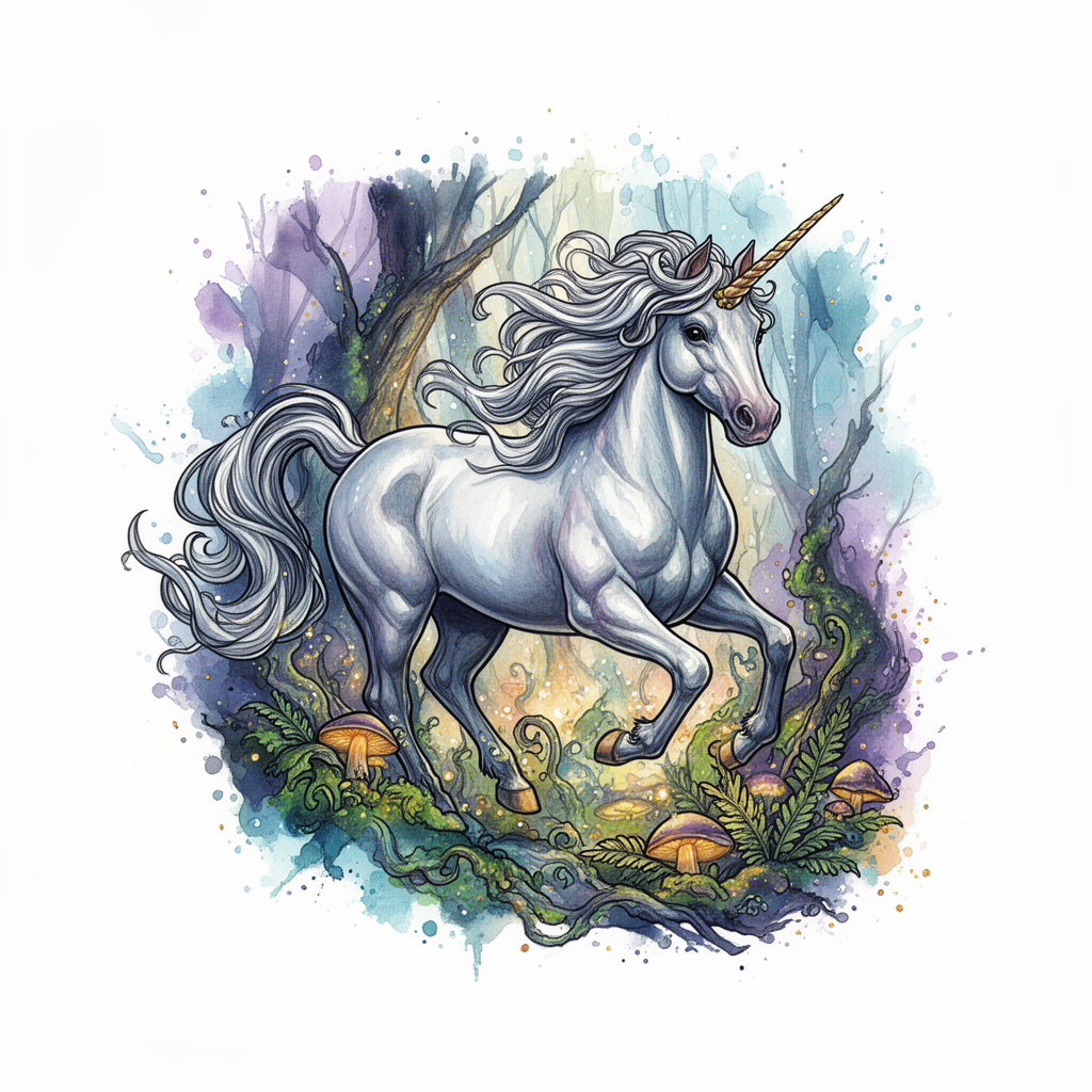 A watercolor unicorn gallops through an enchanted forest, with a flowing silver mane and glowing mushrooms beneath its hooves.