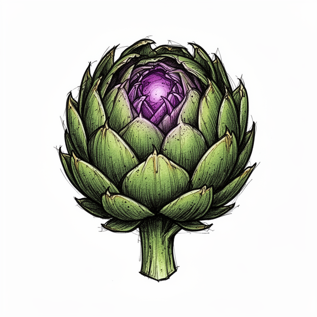 An illustrative tattoo of a single opened artichoke with layered green bracts spiraling around a glowing violet center on a plain background.