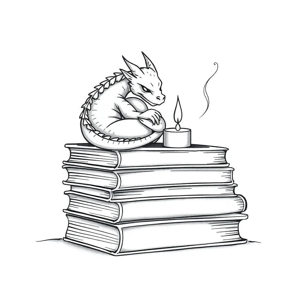 A fine-line stack of books with a tiny curled dragon sleeping around a lit candle, delicate smoke wisps rising from its nostrils.