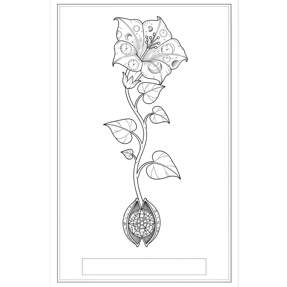 ’n Fynlyn Victoriaanse herbarium-styl maanskynblomrank met hartvormige blare, ’n oop blom geëtste met klein horlosiegesigte en maanfasies, en ’n saadpeul wat ’n koperkompas onthul.