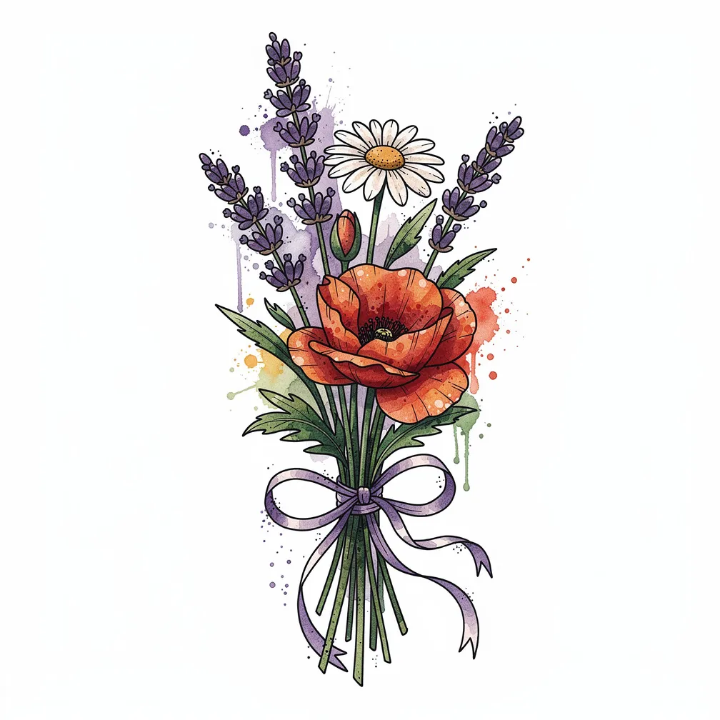 O se fusi fugāla‘au vao ua vali i le vai—lavender, fugāla‘au daisy ma poppy—ua nonoa i se lipine e tafe malie, i lanu vaivai e pei o se ata vali.