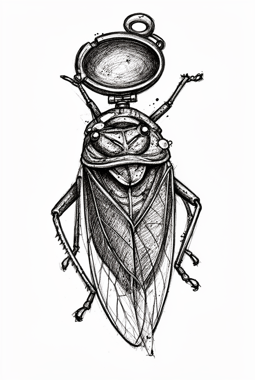 An illustrative katydid talisman inspired by an antique brass pocket ashtray, with leaf-vein engravings, folded wing cases, long legs, and bright bead eyes.