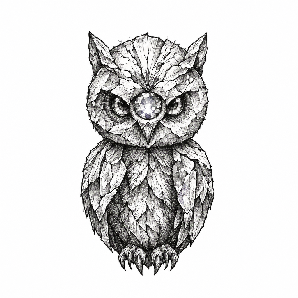An illustrative tiny owl talisman shaped from a cracked moonstone geode, with a bright crystal eye and subtle feather-like fissures.