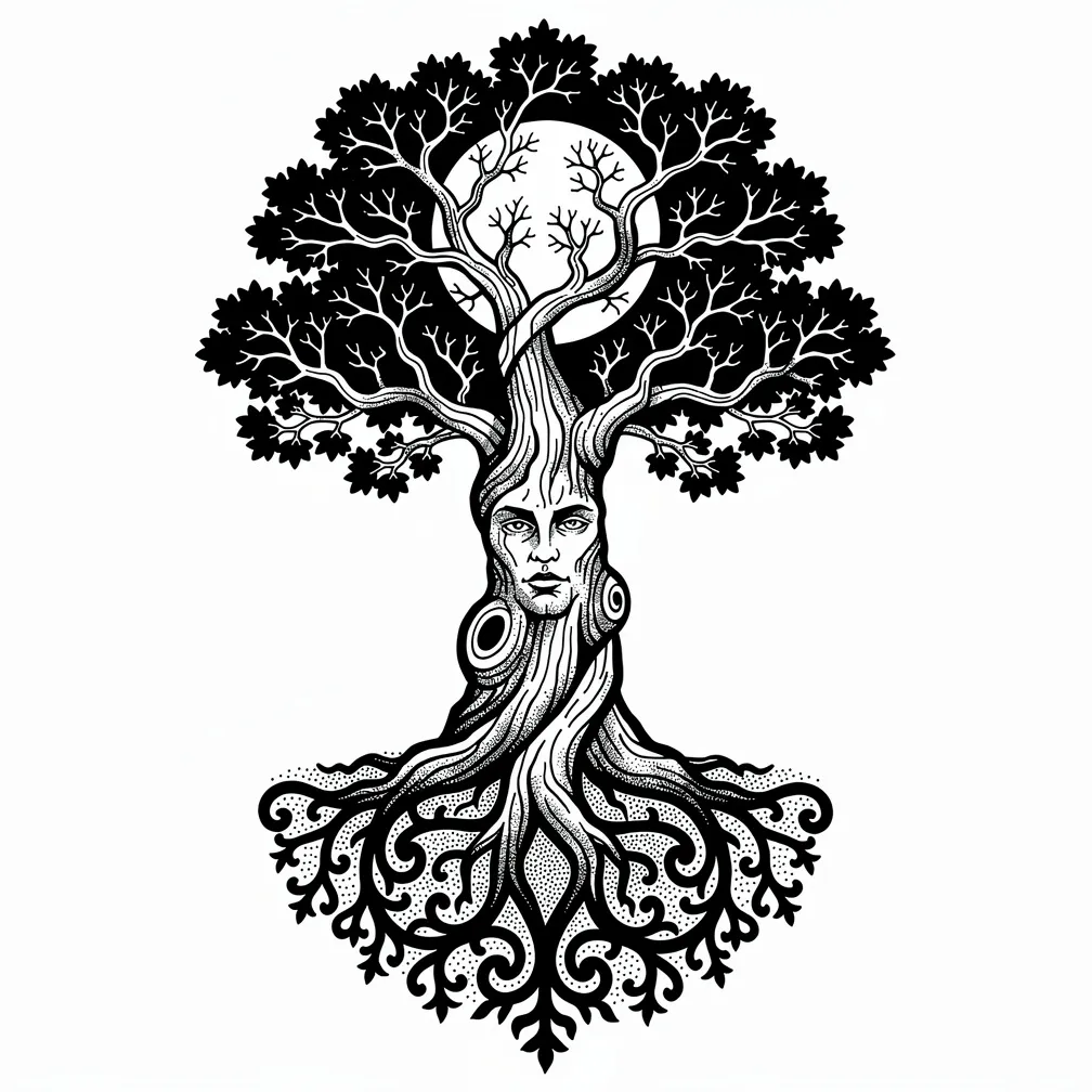 A blackwork gnarled ancient oak with exposed roots and a full moon glowing through its twisted branches.