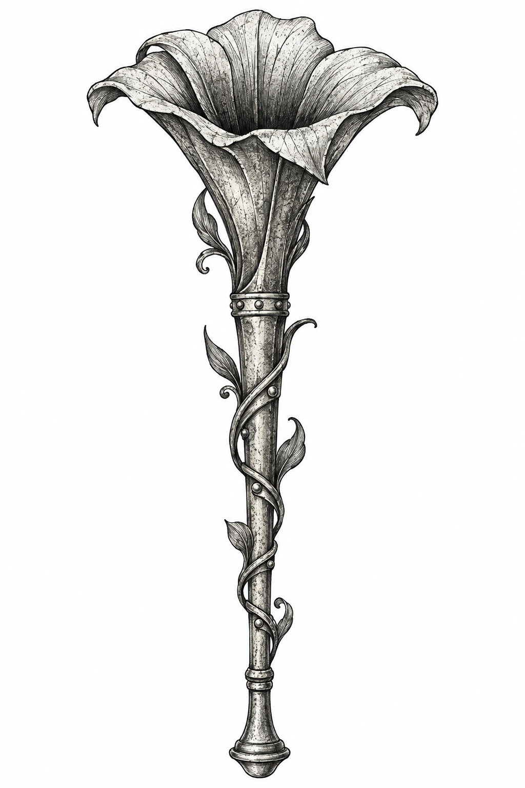 An illustrative antique brass ear trumpet transformed into a flower with etched petal-like bell, filigree stem, and soft patina.