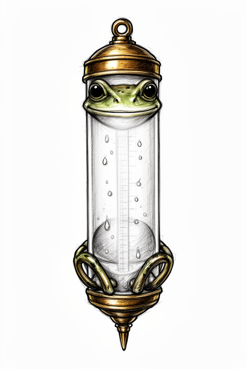 An illustrative glass frog talisman inspired by an antique brass rain gauge, with droplet-filled body, tucked legs, and a calm smiling face on a plain background.