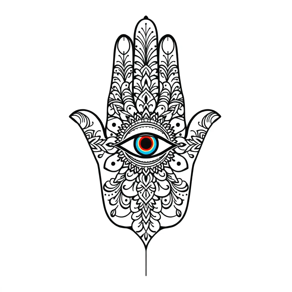 Ornamentális Hamsza kéz középen gonosz szemmel, henna stílusú mintákkal és védelmező szimbólumokkal díszítve, finom ornamentális vonalvezetésben.