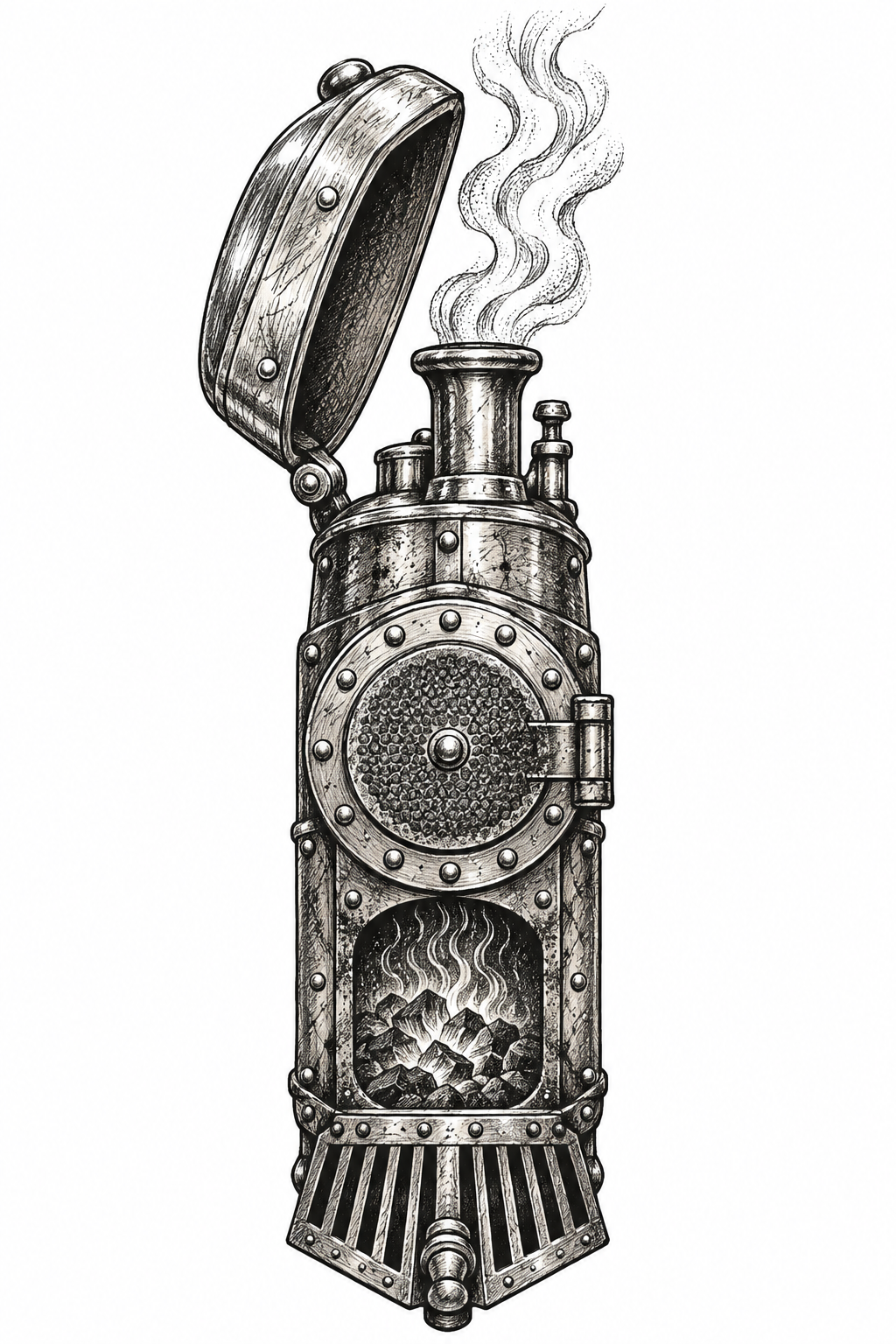 An illustrative tattoo of a vintage brass matchsafe transformed into a tiny steam locomotive boiler with a glowing ember chamber and riveted smokebox details.