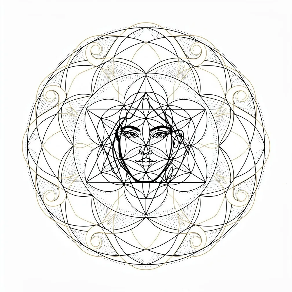 A geometric sacred-geometry design with a Flower of Life center, Metatron’s Cube overlay, and radiating golden ratio spirals in clean linework.