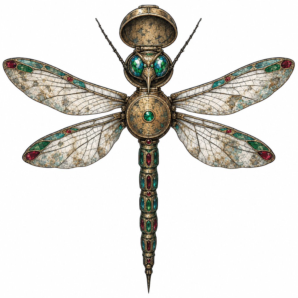 An illustrative dragonfly talisman made from an antique brass film canister with jewel-toned wings, etched veins, and a calm face.