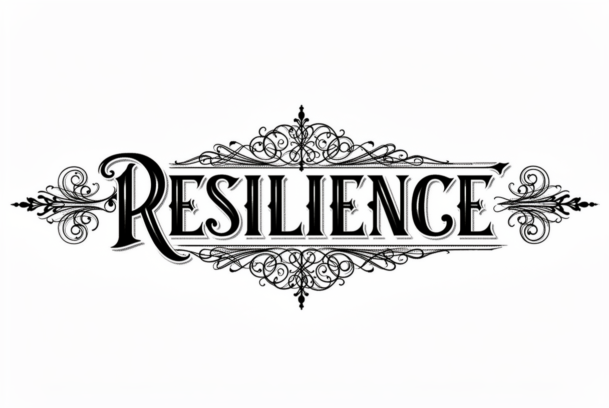 The word RESILIENCE in ornate Victorian-style lettering with decorative flourishes and filigree details.