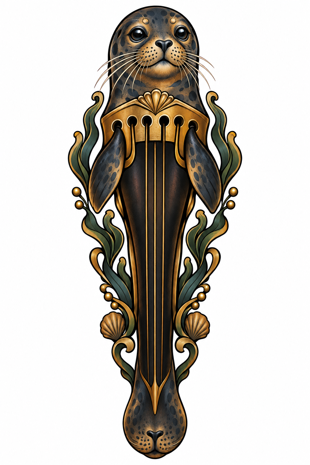 A neo-traditional harbor seal talisman inspired by an antique violin tailpiece, with brass and ebony details, whiskers, flippers, and a calm face on a plain background.