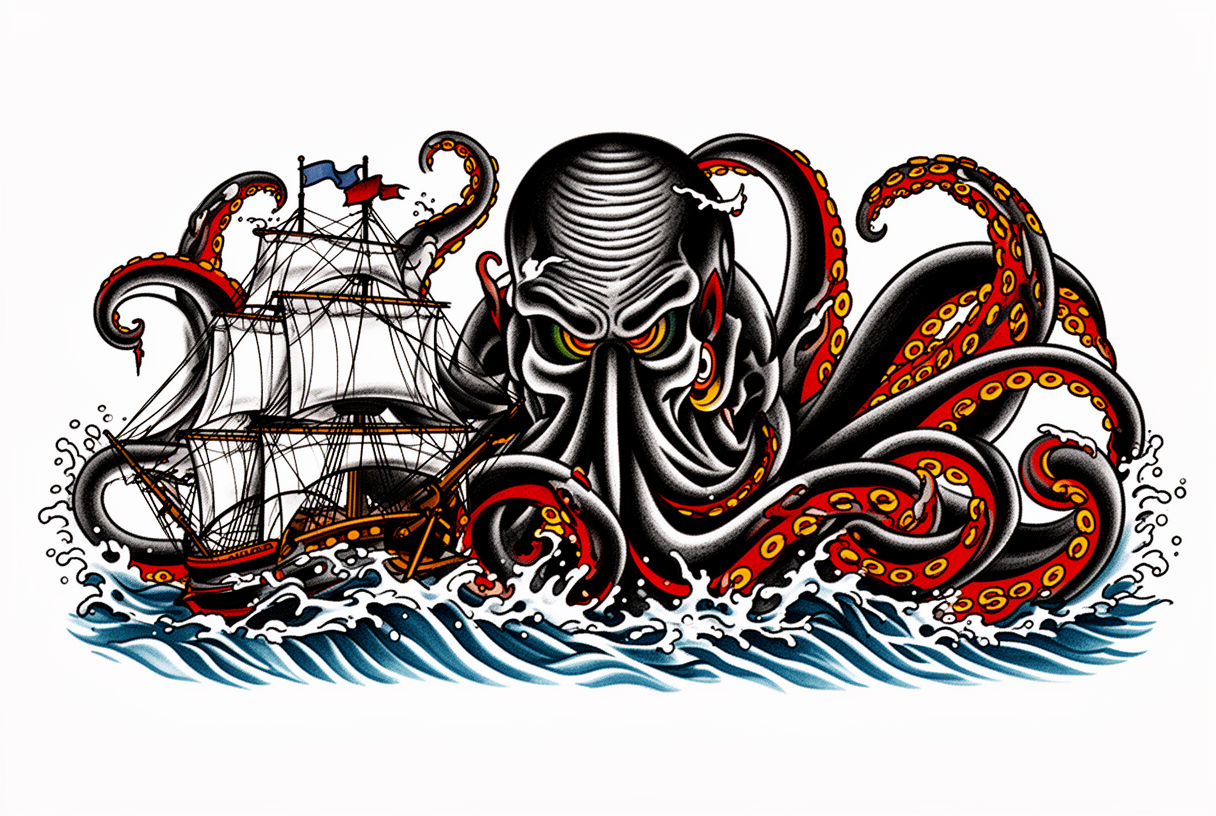 A traditional tattoo of a kraken rising from churning waves and crushing a three-masted sailing ship with massive tentacles.