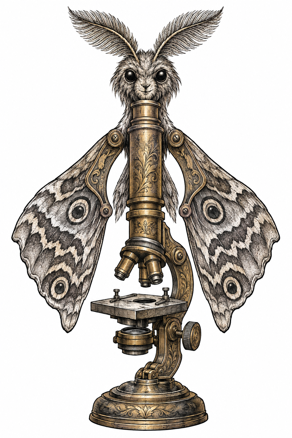 An illustrative antique brass microscope transformed into a cathedral moth with feathered antennae, black eyes, patterned wings, and mechanical base details.