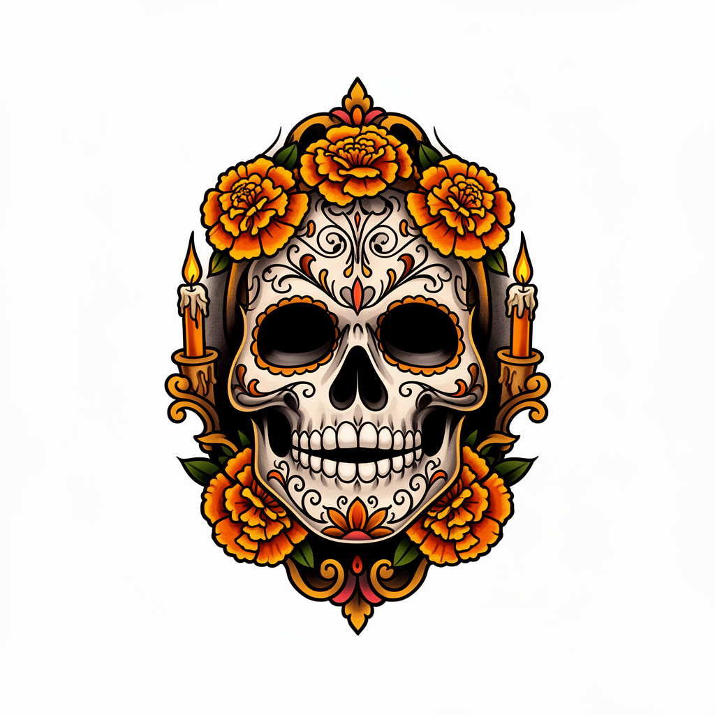 A neo-traditional Day of the Dead sugar skull decorated with marigolds, candles, and intricate filigree patterns across the face.