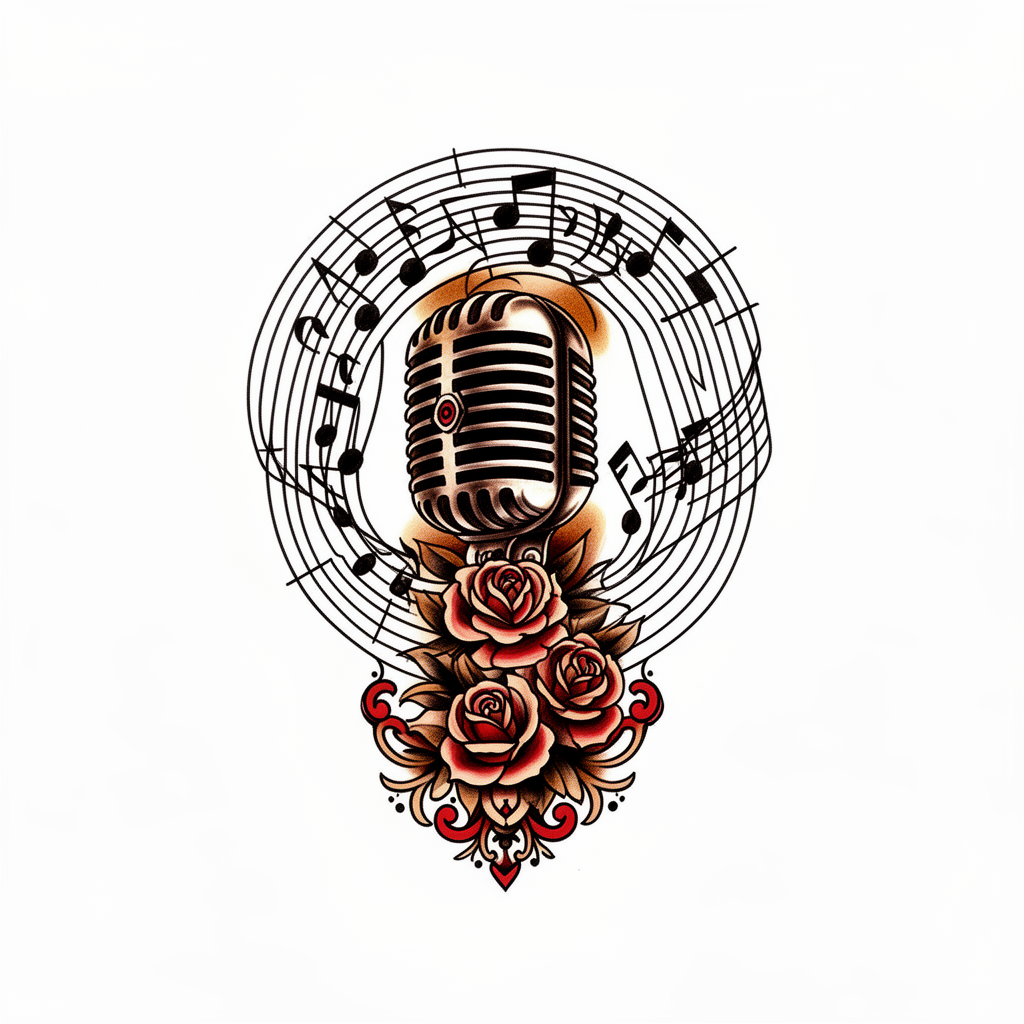 A neo-traditional vintage microphone wrapped in roses and music notes, with concentric sound waves radiating outward.