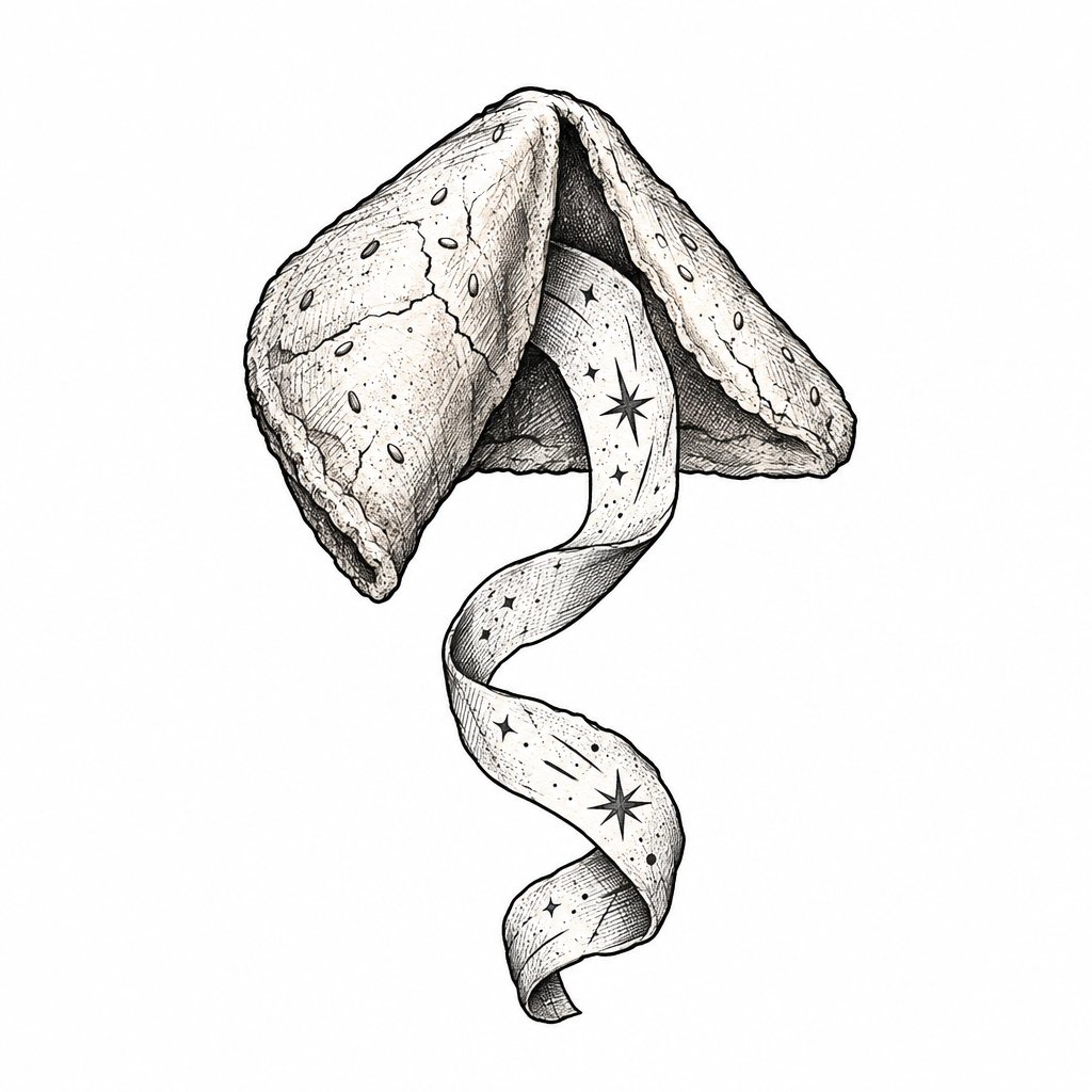 An illustrative tattoo of a split fortune cookie with a curling paper fortune ribbon, tiny stars, and delicate crackle details.