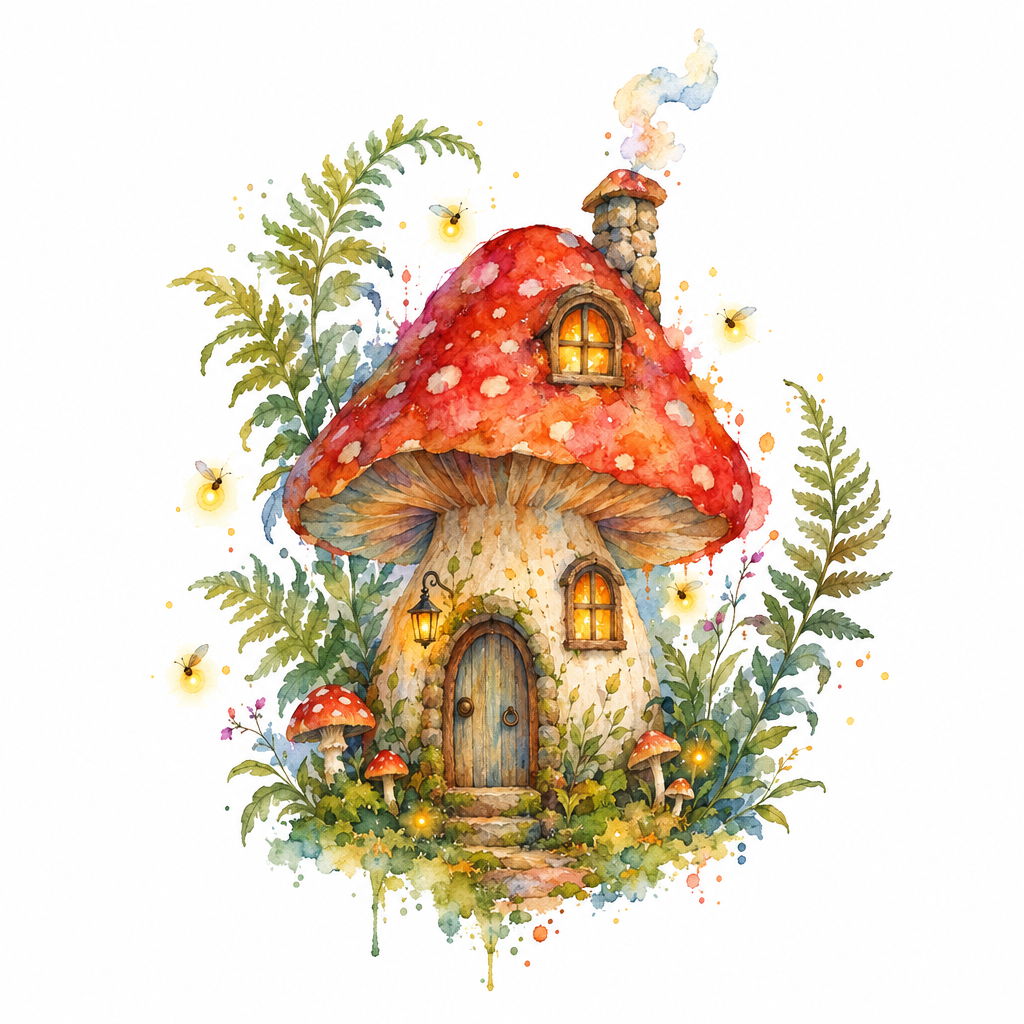 O se fale mushroom i le vali vai, e iai fa'amalama susulu, se faitoto'a la'ititi, fern, ma lago mumū i totonu o se togā faiī.