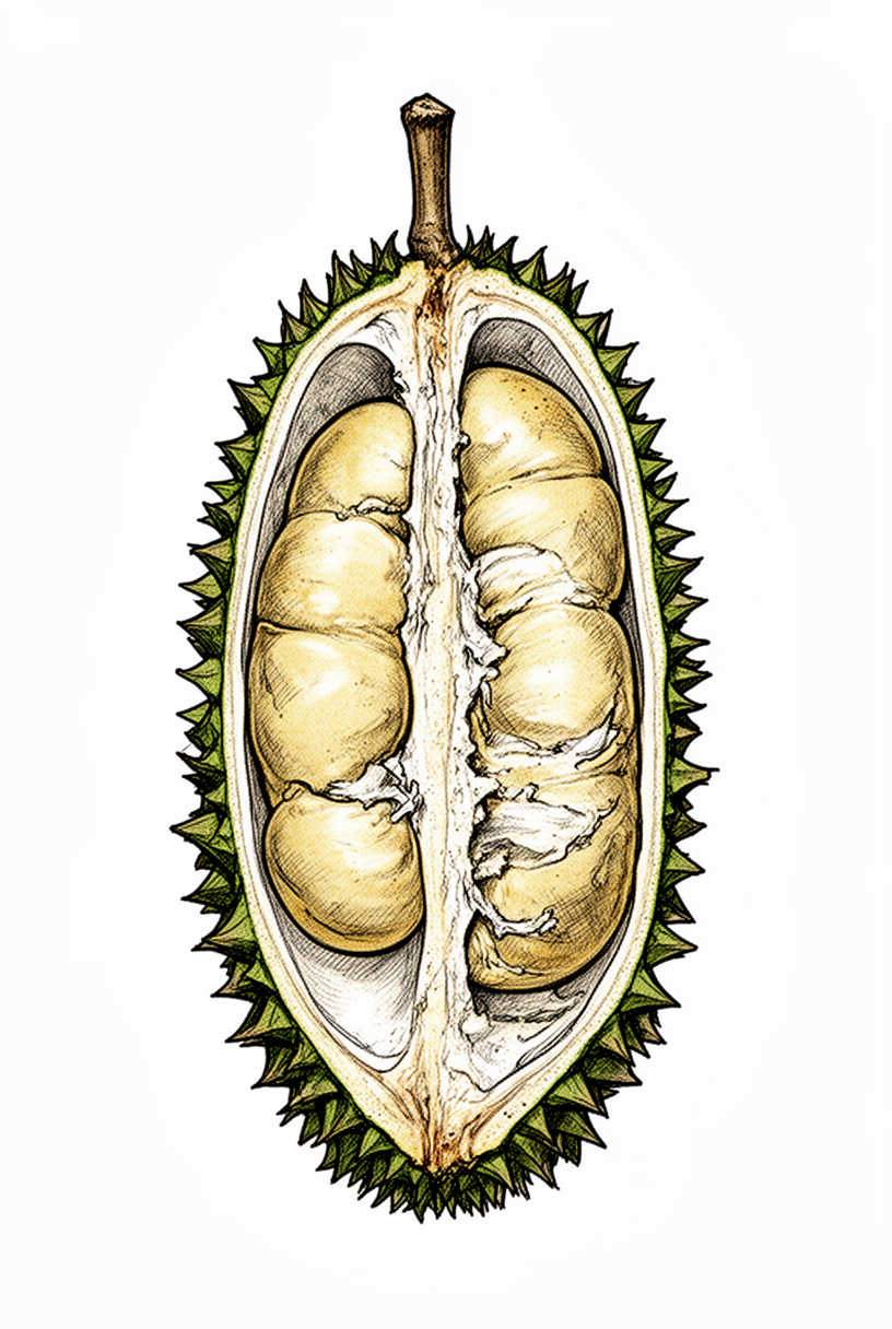 An illustrative opened durian pod with spiked green husk and pale segmented flesh, styled like a ceremonial botanical relic on a plain background.