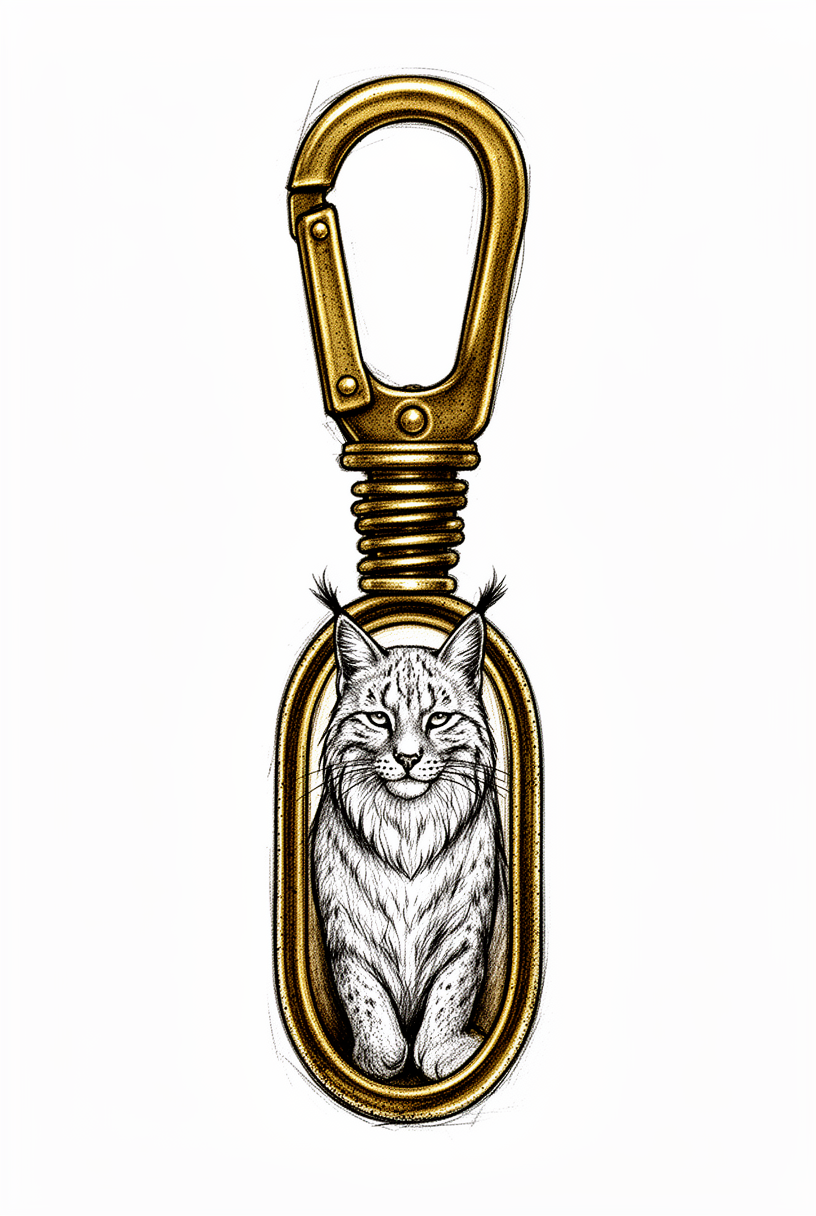An illustrative lynx talisman reimagined from an antique brass locking carabiner, with tufted ears, a furred torso, and a plain background.
