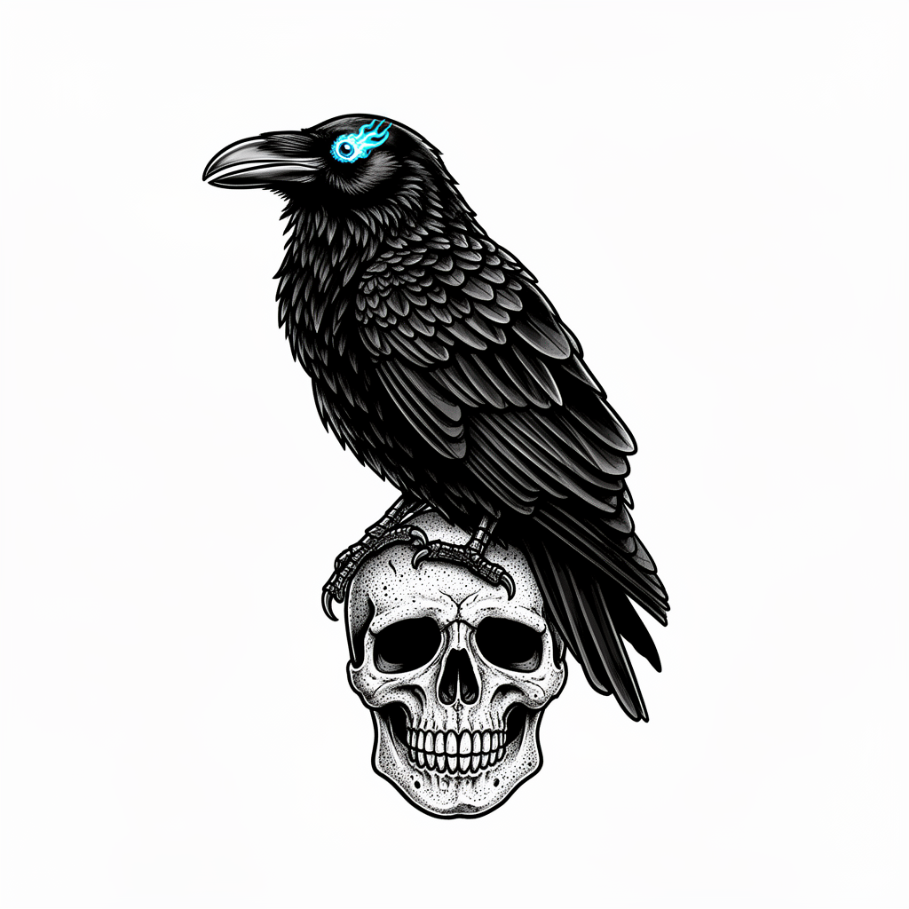 A blackwork raven perched on a human skull, with one glowing eye lit by an ethereal blue flame and finely detailed feathers.