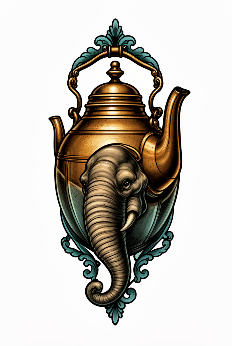 A neo-traditional brass teapot transformed into a gentle elephant talisman with a trunk-spout, domed forehead, engraved seams, and worn patina on a plain background.