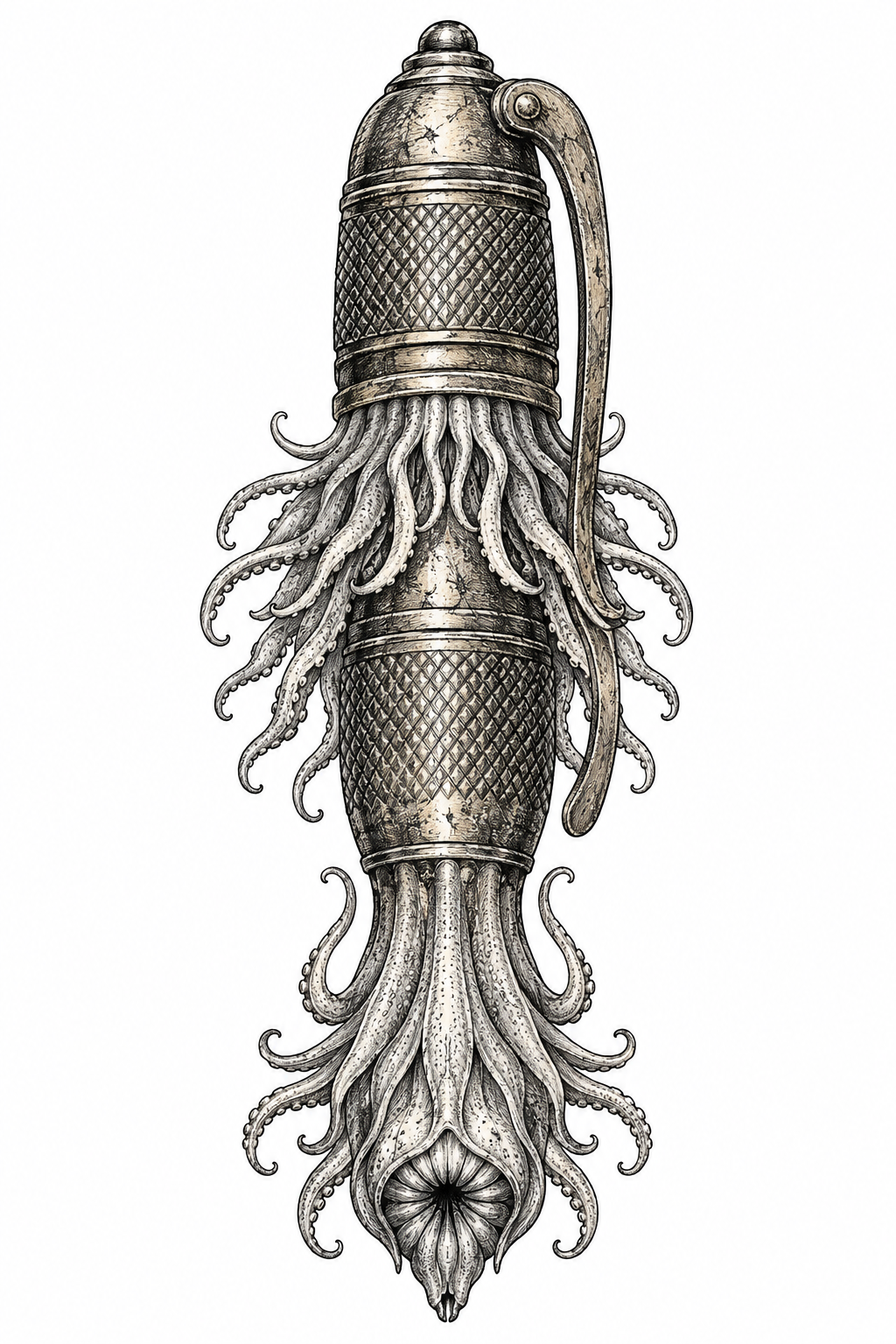 An illustrative tiny antique brass fountain-pen cap transformed into a sea anemone talisman with frilled tentacles, a fin-like clip, and a central mouth.