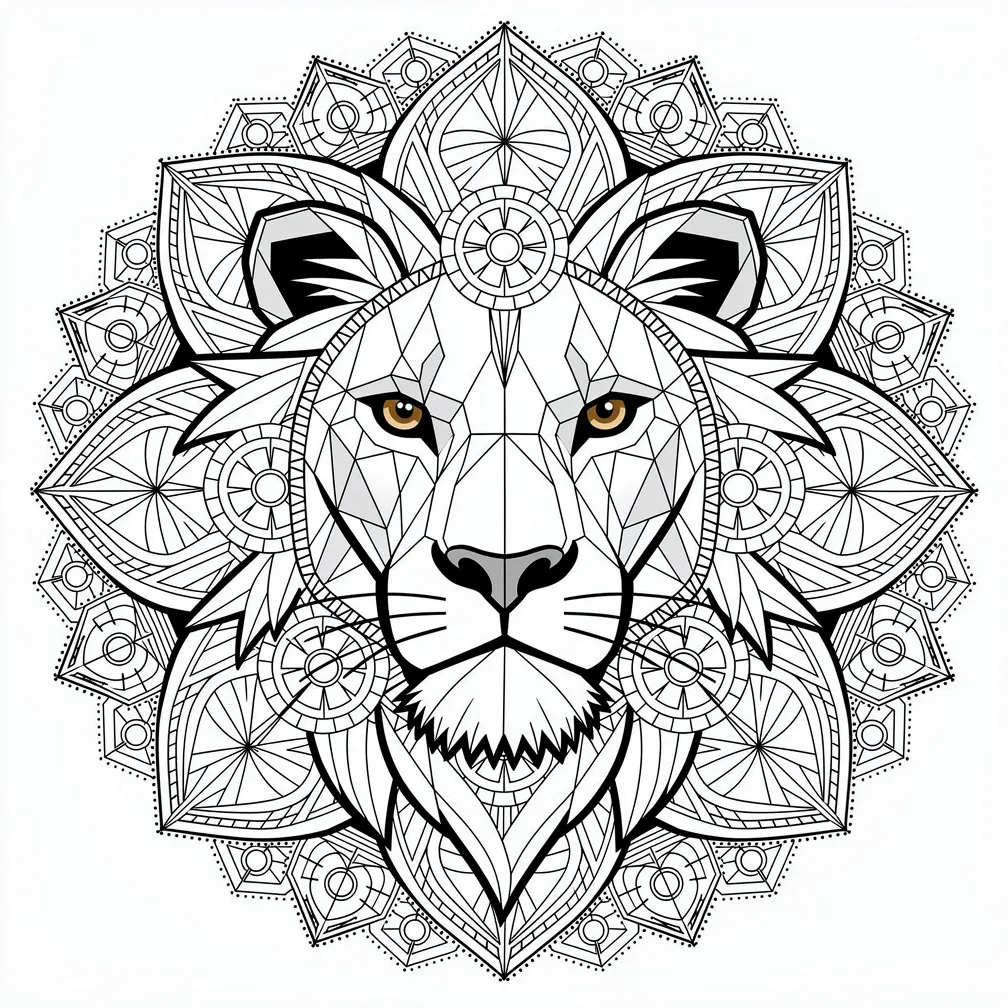 A geometric-style lion portrait with a flowing mane that dissolves into intricate sacred-geometry patterns, rendered in precise black linework