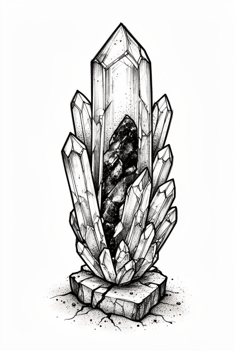 An illustrative tattoo of a faceted desert rose crystal with layered gypsum petals, a dark core, and a small chipped base on a plain background.
