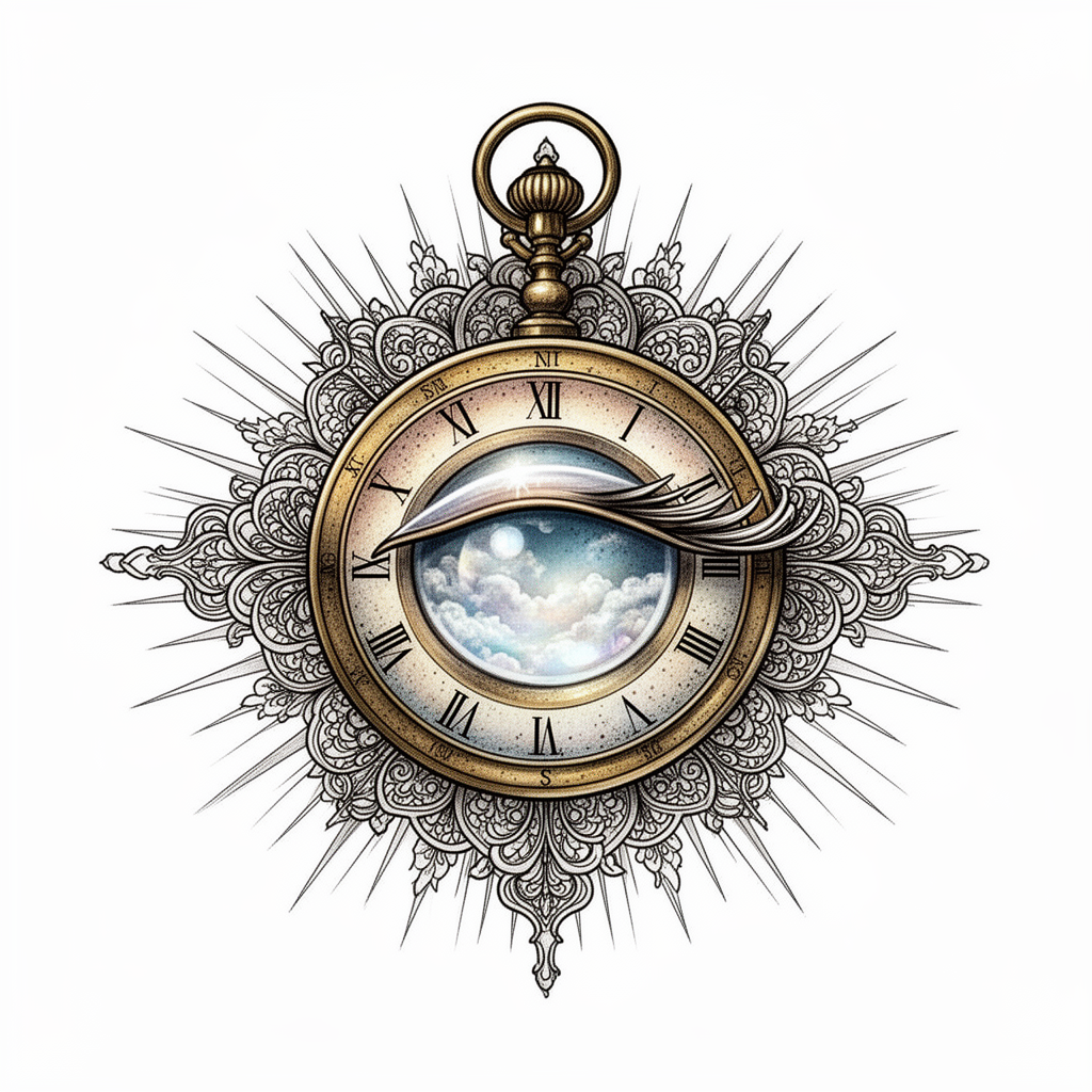 An ornamental tattoo of a Victorian pocket sundial reimagined as a moonstone eye with radiating engraved hour marks and a delicate eyelash-shaped gnomon.