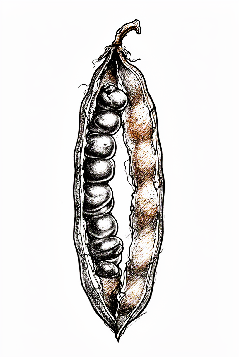 An illustrative tattoo of a single opened tamarind pod with rough split shell, bead-like pulp segments, fine crack lines, and a subtle hooked stem on a plain background.