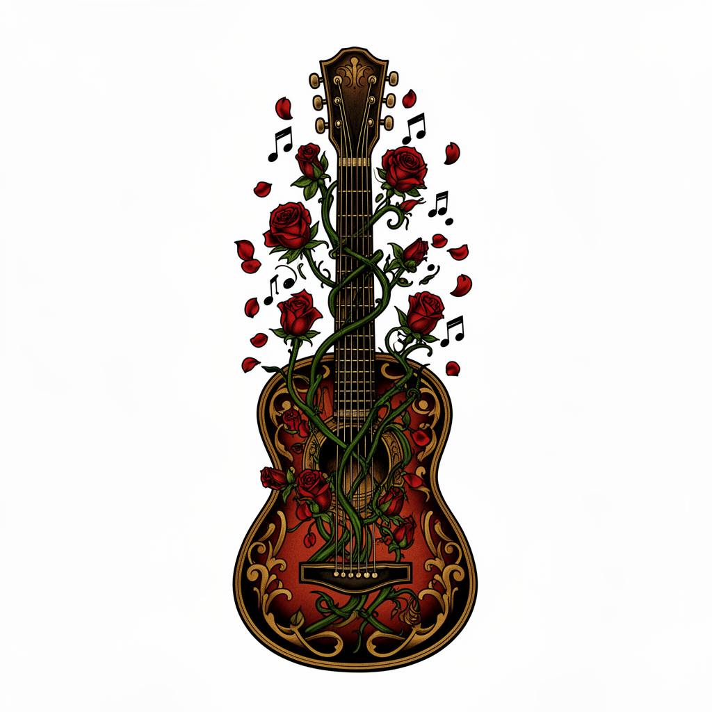 A neo-traditional acoustic guitar wrapped in vines, with roses growing from the sound hole and petals falling like musical notes.