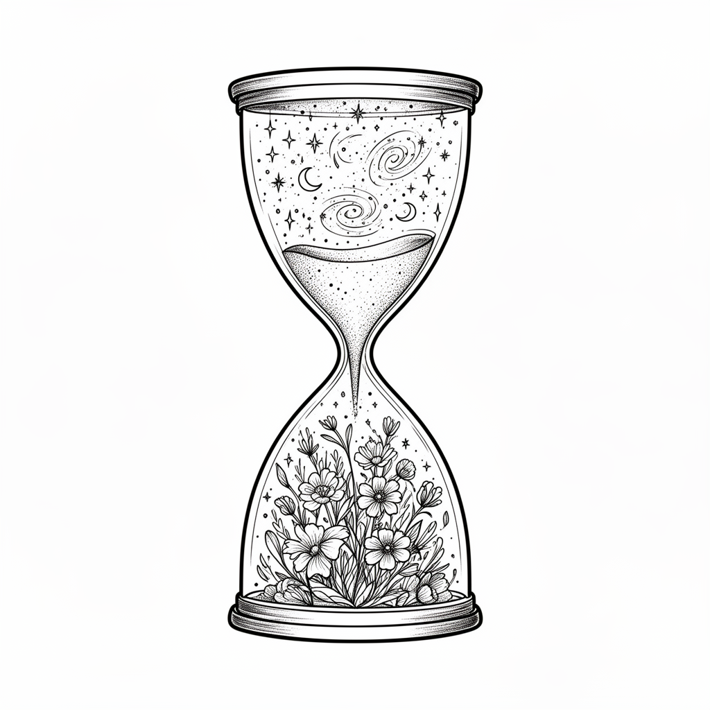 A fine-line hourglass with stars and galaxies flowing into a blooming garden of flowers below.