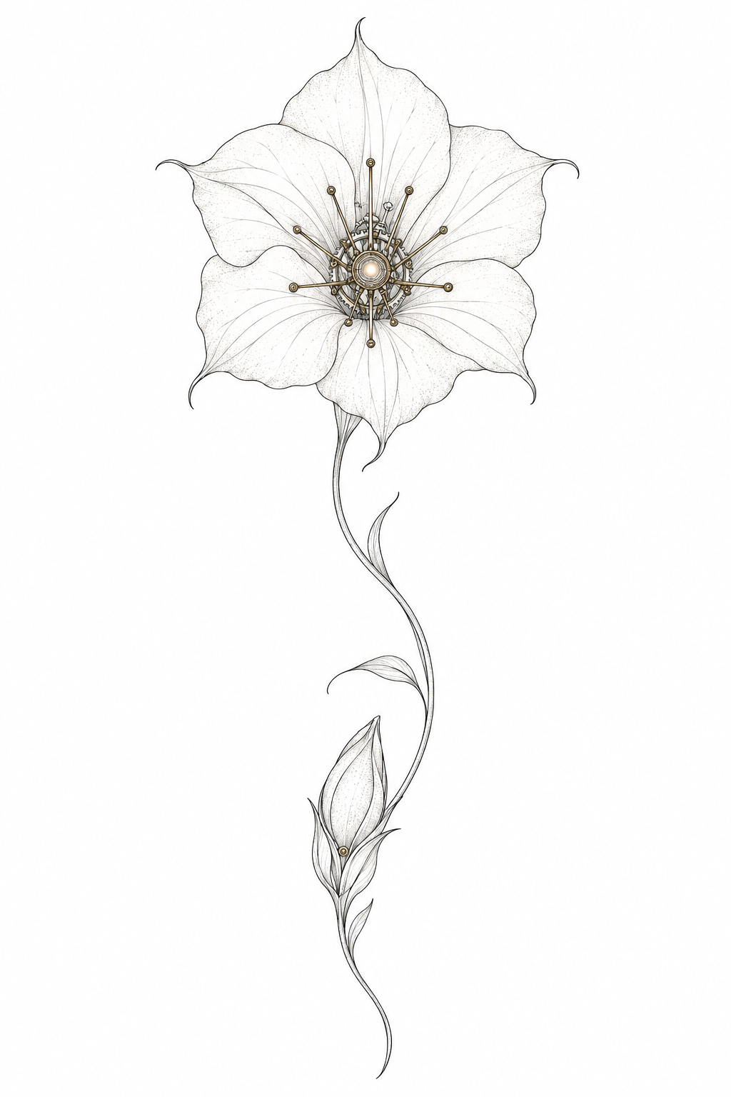 A fine-line moonflower bloom viewed from the front with brass clockwork stamen, a curved stem, one bud, and a soft central glow.