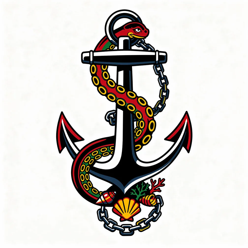 Traditional-style anchor wrapped by an octopus tentacle with seashells and coral growing along the chain