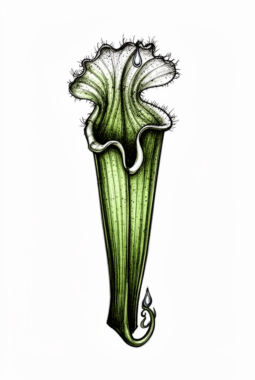 An illustrative tattoo of a single unopened pitcher plant with an emerald ribbed body, flared cilia-lined rim, dew drop, and curling tendril on a plain background.