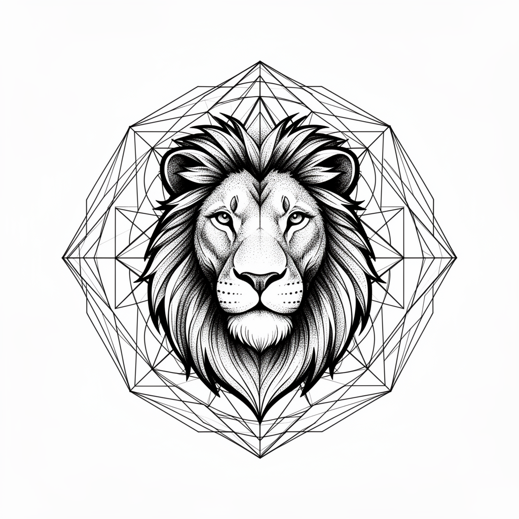 Un ritratto geometrico di un leone con una criniera fluente che sfuma in motivi di geometria sacra.