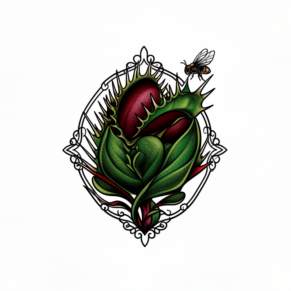 A neo-traditional venus flytrap with razor-sharp teeth closing on a fly, drawn with dark botanical detail.