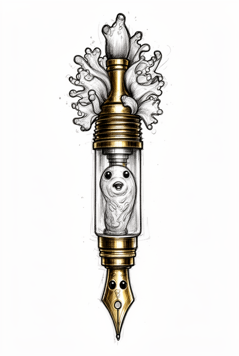 An illustrative sea slug talisman reimagined from a vintage brass fountain pen, with a translucent body, frilled cerata, and a tiny calm face.